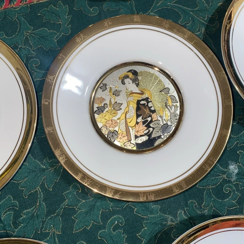Japanese Floral Calendar Collection Chokin Plates New Year's Day-Set Of 11 W/COA